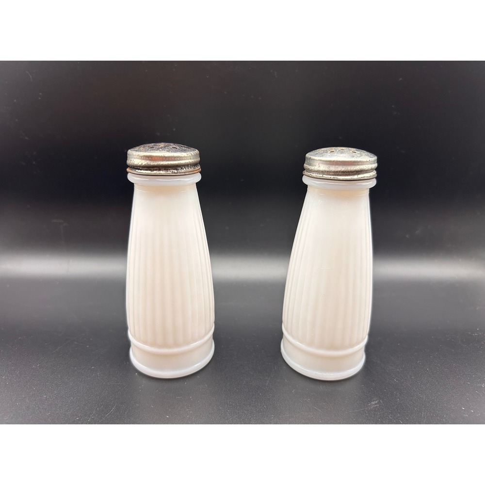 Vintage Milk Glass Salt and Pepper Shakers Ribbed Fluted White Kitchenware Set